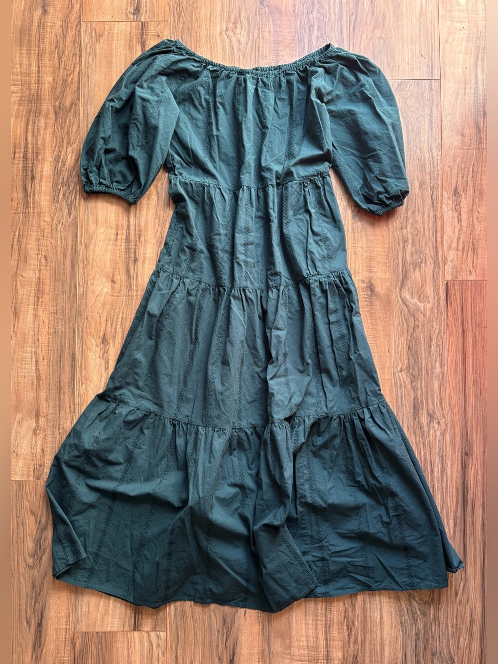 Universal Thread Dark Green Off-Shoulder 100% Cotton Maxi XS Puff Sleeve Pockets